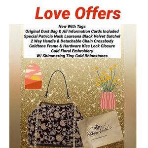 Patricia Nash NWT Laureana Satchel Crossbody Kisslock Embroidery Gold Rhinestone